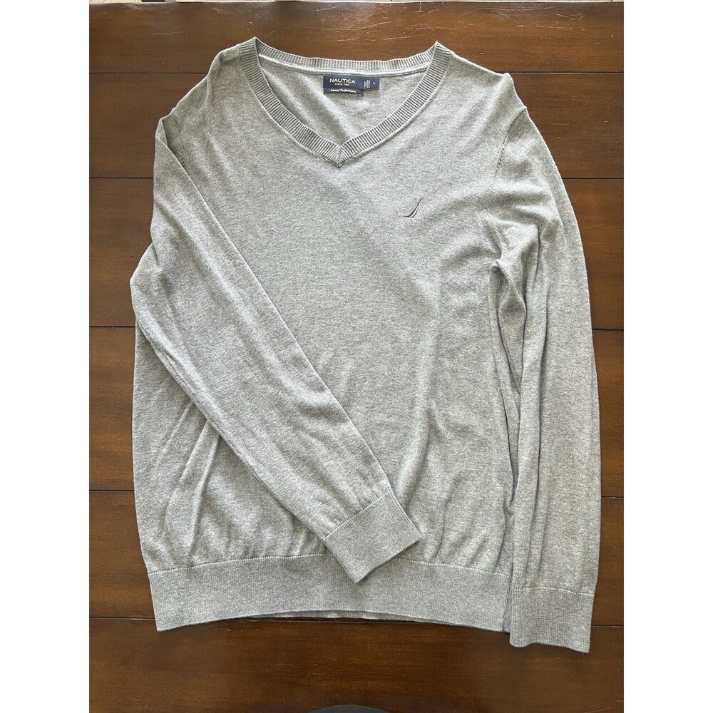 Nautica Luxury Performance Grey V-Neck Sweater Mens Size Large Cotton Modal Soft